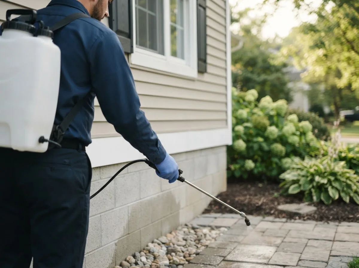 Pest control technician inspecting a home in Beetown, WI
